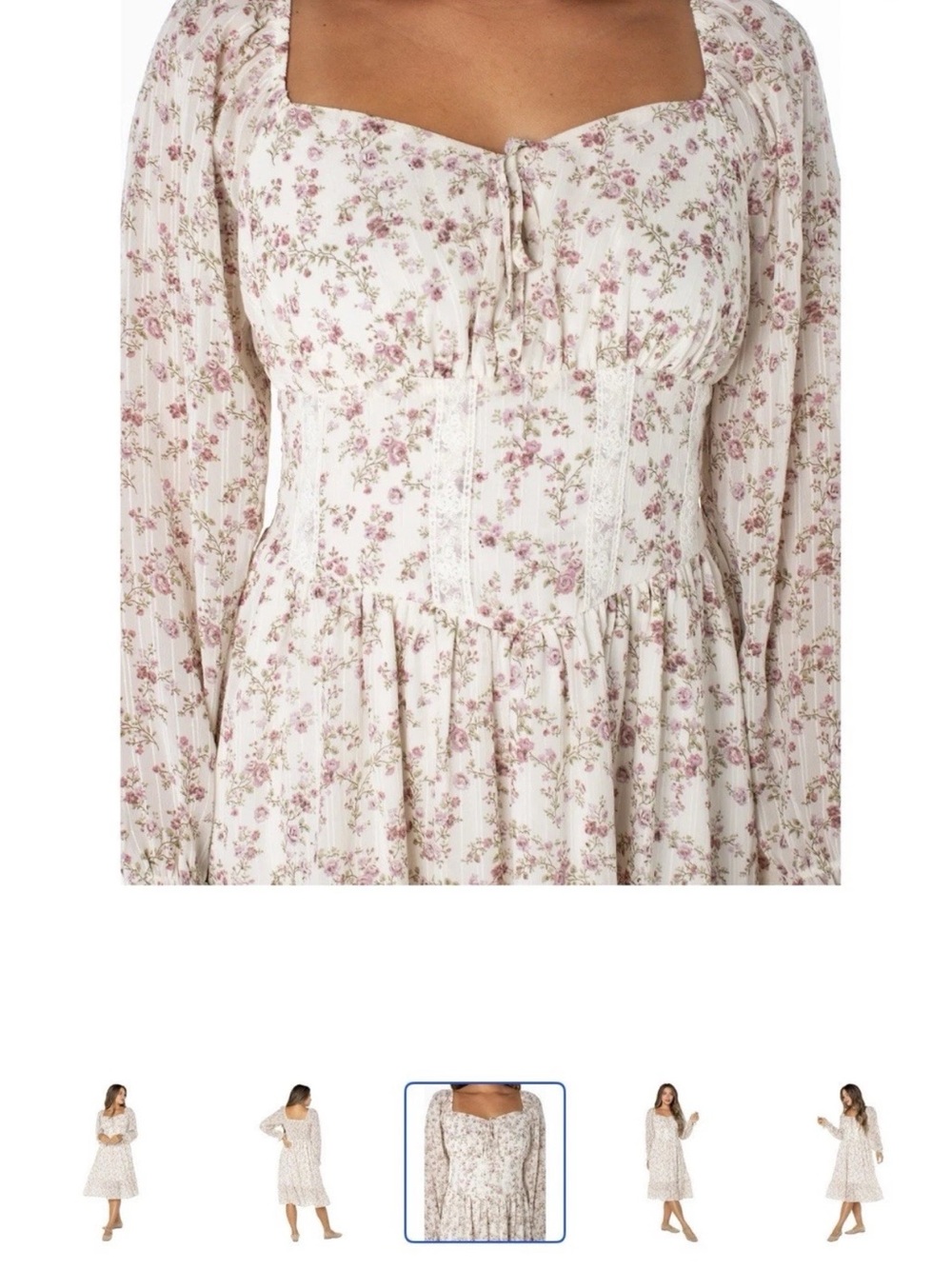 Cream Floral Midi Dress with Pink Bouquet Print